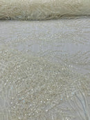 Beaded Embroidered Fabric - Ivory- Embroidered Heart and Feather Pattern Fabric Sold By Yard