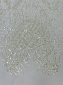 Beaded Embroidered Fabric - Ivory- Embroidered Heart and Feather Pattern Fabric Sold By Yard