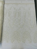 Beaded Embroidered Fabric - Ivory- Embroidered Heart and Feather Pattern Fabric Sold By Yard