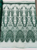 Beaded Embroidered Fabric - Hunter Green - Embroidered Heart and Feather Pattern Fabric Sold By Yard