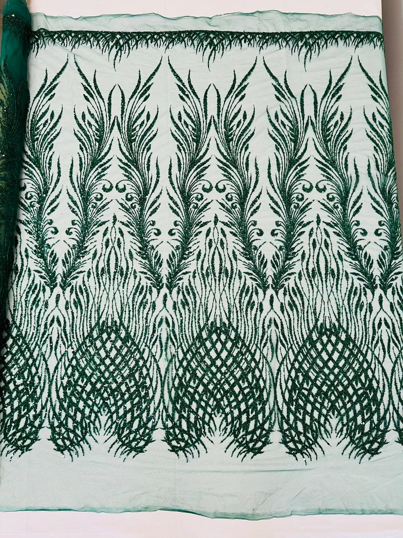 Beaded Embroidered Fabric - Hunter Green - Embroidered Heart and Feather Pattern Fabric Sold By Yard
