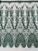 Beaded Embroidered Fabric - Hunter Green - Embroidered Heart and Feather Pattern Fabric Sold By Yard