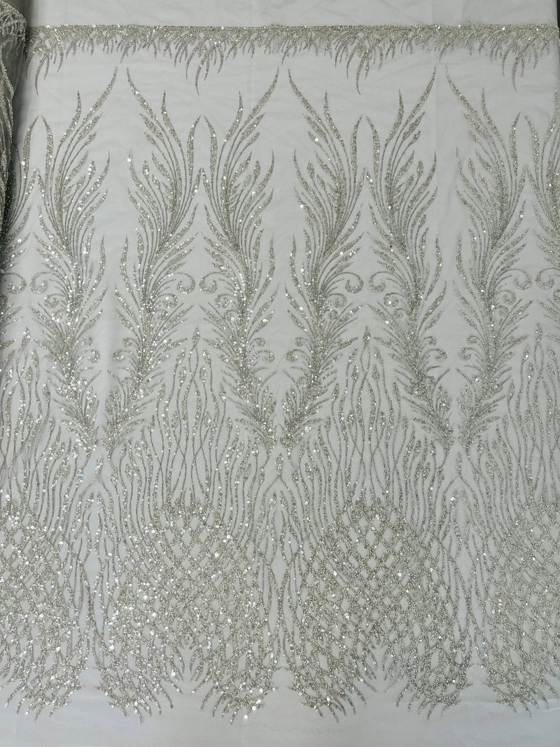 Beaded Embroidered Fabric - Silver - Embroidered Heart and Feather Pattern Fabric Sold By Yard