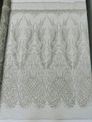 Beaded Embroidered Fabric - Silver - Embroidered Heart and Feather Pattern Fabric Sold By Yard