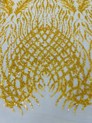 Beaded Embroidered Fabric - Dark Yellow - Embroidered Heart and Feather Pattern Fabric Sold By Yard