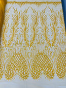 Beaded Embroidered Fabric - Dark Yellow - Embroidered Heart and Feather Pattern Fabric Sold By Yard