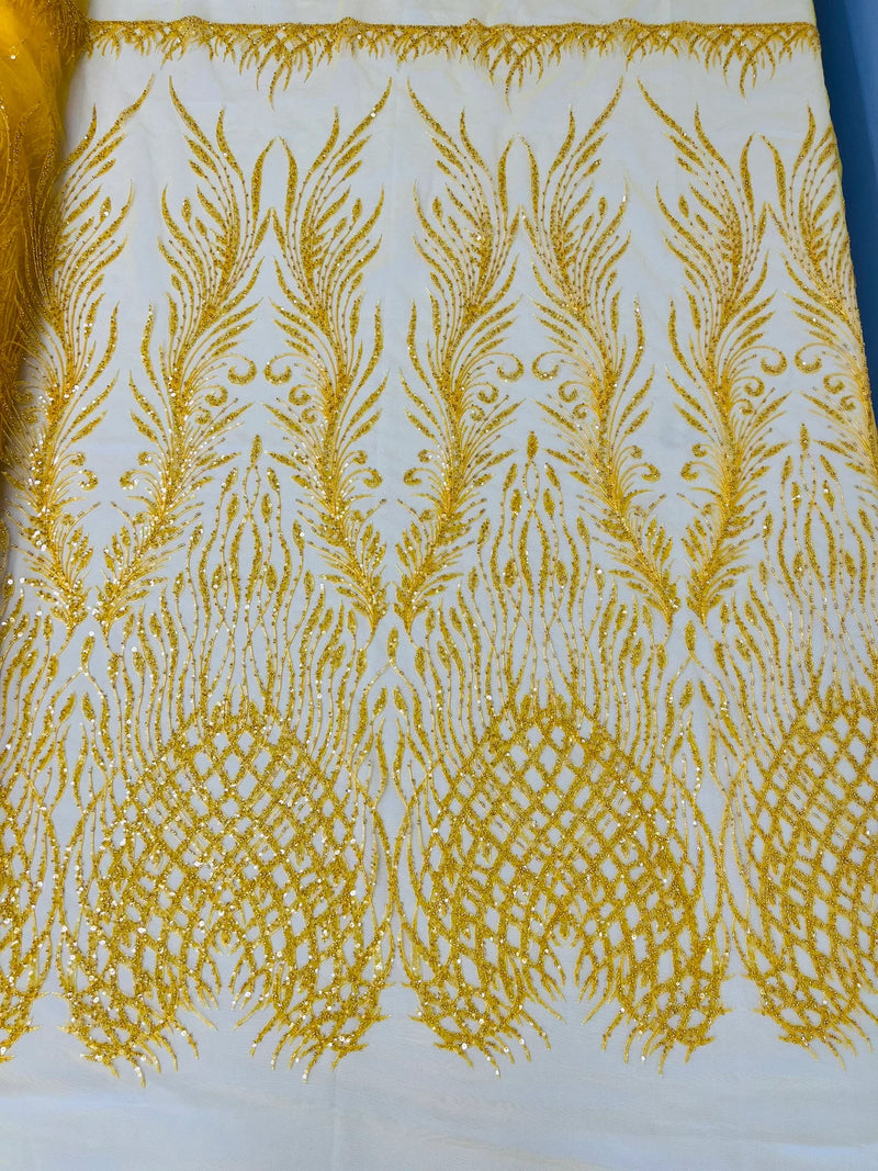 Beaded Embroidered Fabric - Dark Yellow - Embroidered Heart and Feather Pattern Fabric Sold By Yard