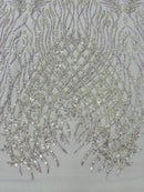 Beaded Embroidered Fabric - Lilac - Embroidered Heart and Feather Pattern Fabric Sold By Yard