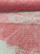 Beaded Embroidered Fabric - Candy Pink - Embroidered Heart and Feather Pattern Fabric Sold By Yard