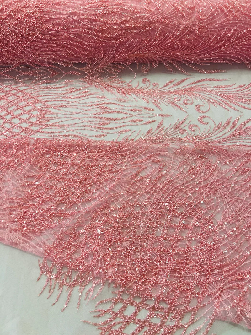 Beaded Embroidered Fabric - Candy Pink - Embroidered Heart and Feather Pattern Fabric Sold By Yard