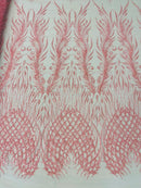 Beaded Embroidered Fabric - Candy Pink - Embroidered Heart and Feather Pattern Fabric Sold By Yard
