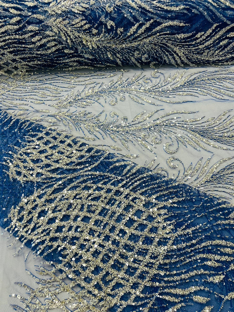 Beaded Embroidered Fabric - Royal Blue - Embroidered Heart and Feather Pattern Fabric Sold By Yard