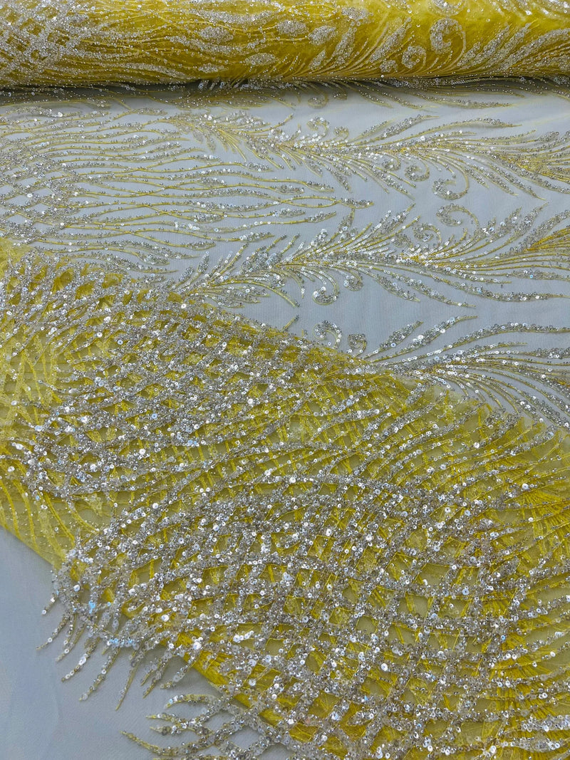 Beaded Embroidered Fabric - Yellow - Embroidered Heart and Feather Pattern Fabric Sold By Yard