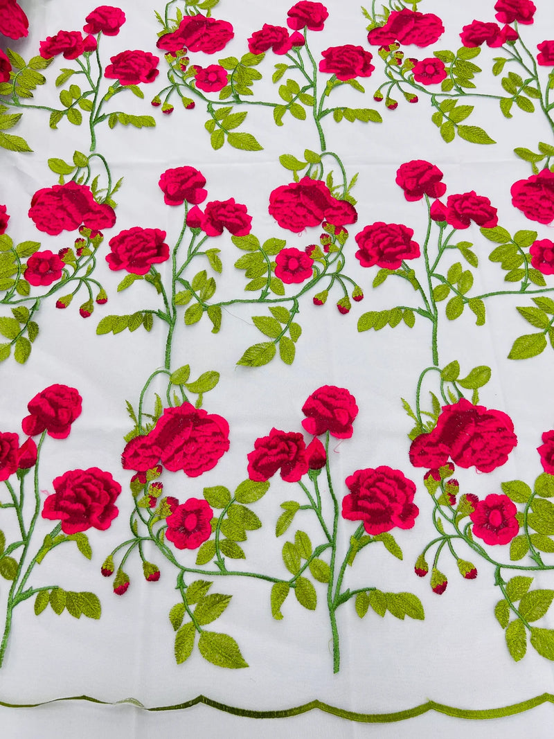 Rose Plant Lace Fabric  - Fuschia on White - Embroidered Full Flower Plant Design on Lace By Yard