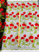 Rose Plant Lace Fabric - Red on Black - Embroidered Full Flower Plant Design on Lace By Yard