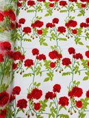 Rose Plant Lace Fabric  - Red on White - Embroidered Full Flower Plant Design on Lace By Yard