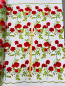 Rose Plant Lace Fabric  - Red on White - Embroidered Full Flower Plant Design on Lace By Yard