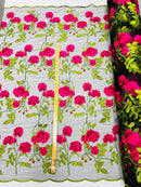 Rose Plant Lace Fabric  - Fuschia on Black - Emboidered Full Flower Plant Design on Lace By Yard