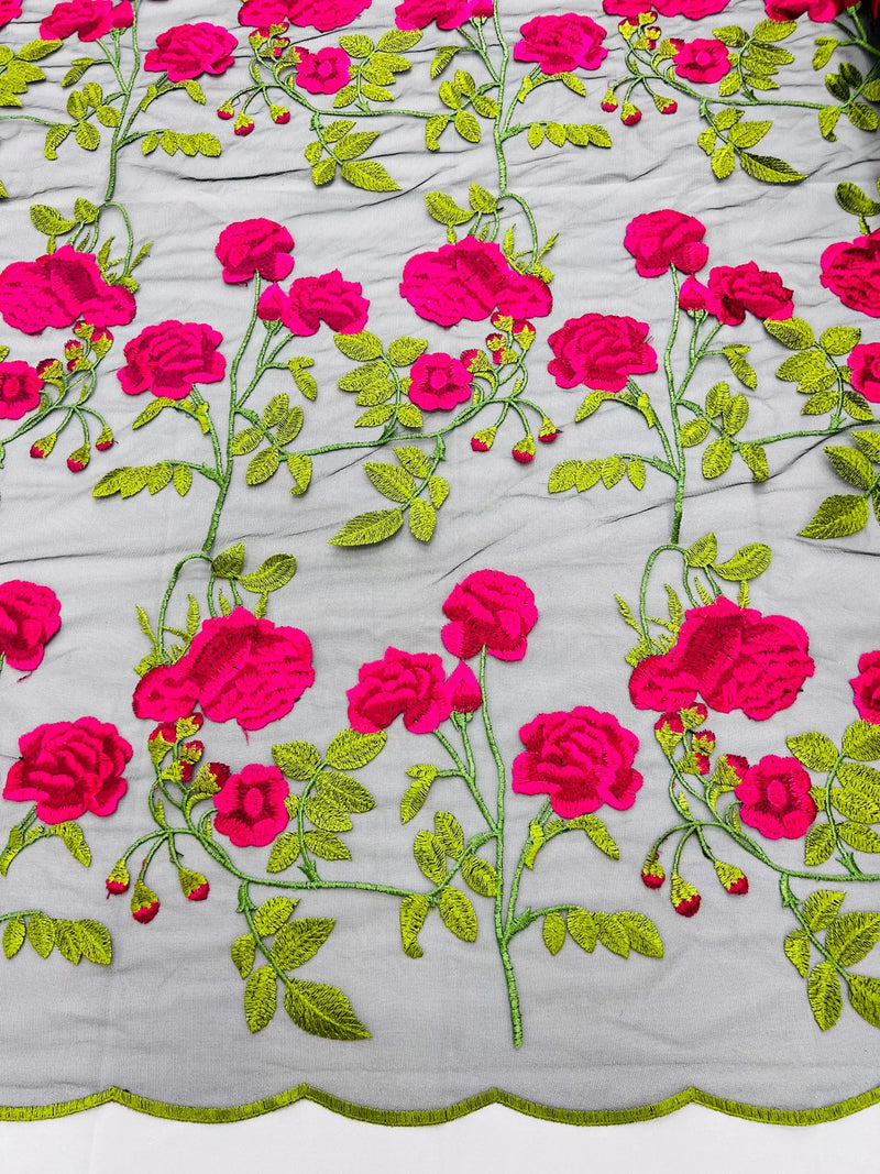 Rose Plant Lace Fabric  - Fuschia on Black - Emboidered Full Flower Plant Design on Lace By Yard