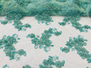 3D Small Flowers with Rhinestone - Mint - Embroidered Luxury Realistic Flowers On Lace Yard