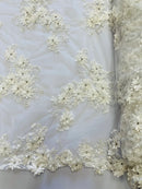 3D Small Flowers with Rhinestone - Ivory - Embroidered Luxury Realistic Flowers On Lace Yard
