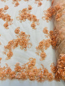 3D Small Flowers with Rhinestone - Peach - Embroidered Luxury Realistic Flowers On Lace Yard