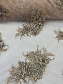 3D Floral Clusters - Light Brown Black Thread Embroidered Flowers Beads Rhinestones On Lace Yard