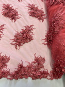 3D Floral Clusters - Coral - Embroidered Flowers Beads Rhinestones On Lace Yard