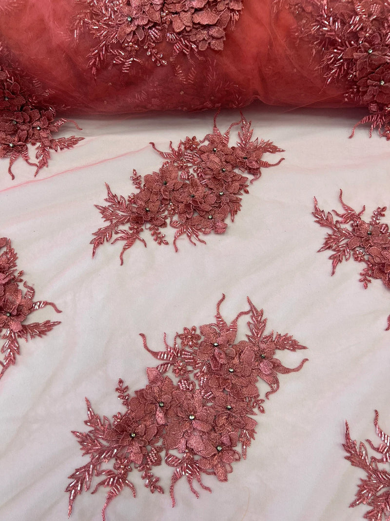 3D Floral Clusters - Coral - Embroidered Flowers Beads Rhinestones On Lace Yard