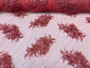 3D Floral Clusters - Coral - Embroidered Flowers Beads Rhinestones On Lace Yard
