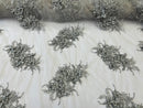 3D Floral Clusters - Silver - Black Thread Embroidered Flowers Beads Rhinestones On Lace Yard