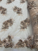 3D Floral Clusters - Dark Nude Black Thread Embroidered Flowers Beads Rhinestones On Lace Yard