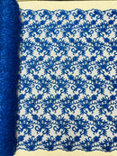 Small Flower Plant Fabric - Royal Blue - Floral Embroidered Design on Lace Mesh By Yard