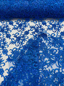 Small Flower Plant Fabric - Royal Blue - Floral Embroidered Design on Lace Mesh By Yard