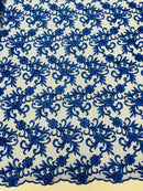 Small Flower Plant Fabric - Royal Blue - Floral Embroidered Design on Lace Mesh By Yard