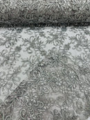 Small Flower Plant Fabric - Silver - Floral Embroidered Design on Lace Mesh By Yard