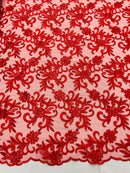 Small Flower Plant Fabric - Red - Floral Embroidered Design on Lace Mesh By Yard