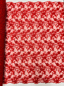 Small Flower Plant Fabric - Red - Floral Embroidered Design on Lace Mesh By Yard