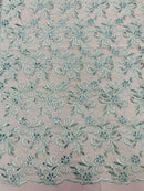 Small Flower Plant Fabric - Mint - Floral Embroidered Design on Lace Mesh By Yard