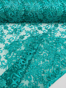 Small Flower Plant Fabric - Jade - Floral Embroidered Design on Lace Mesh By Yard