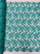 Small Flower Plant Fabric - Jade - Floral Embroidered Design on Lace Mesh By Yard