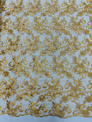 Small Flower Plant Fabric - Gold - Floral Embroidered Design on Lace Mesh By Yard