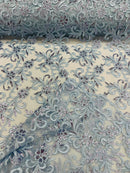 Small Flower Plant Fabric - Baby Blue - Floral Embroidered Design on Lace Mesh By Yard