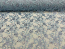 Small Flower Plant Fabric - Baby Blue - Floral Embroidered Design on Lace Mesh By Yard