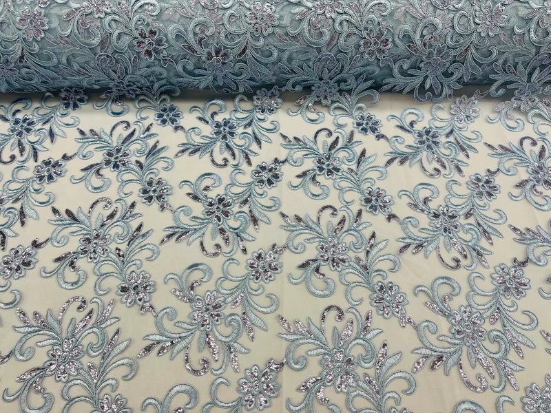 Small Flower Plant Fabric - Baby Blue - Floral Embroidered Design on Lace Mesh By Yard