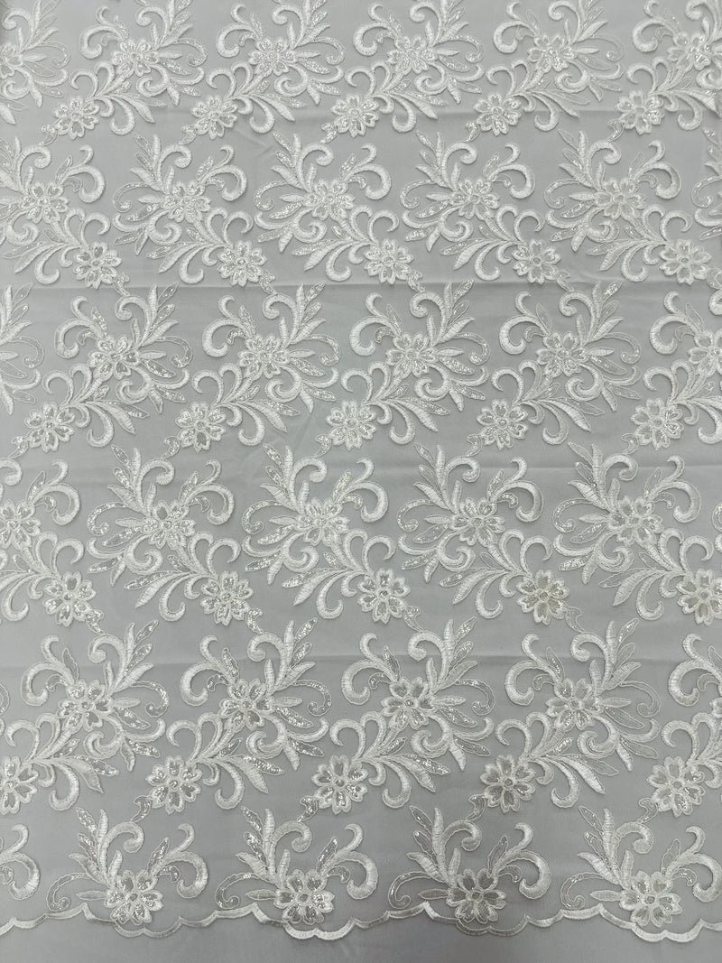 Small Flower Plant Fabric - Ivory - Floral Embroidered Design on Lace Mesh By Yard