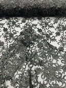 Small Flower Plant Fabric - Black - Floral Embroidered Design on Lace Mesh By Yard