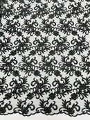 Small Flower Plant Fabric - Black - Floral Embroidered Design on Lace Mesh By Yard