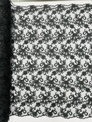 Small Flower Plant Fabric - Black - Floral Embroidered Design on Lace Mesh By Yard