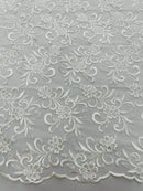 Small Flower Plant Fabric - White - Floral Embroidered Design on Lace Mesh By Yard